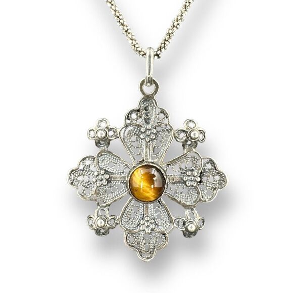 Jerusalem 925 Cross Pendant Center Tiger's Eye with Diamond Cut Chain Necklace - Picture 1 of 12